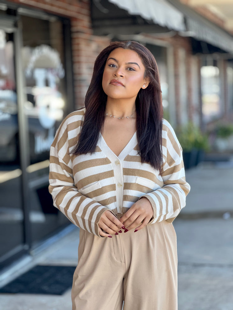 Khaki Striped Button Down Cardigan