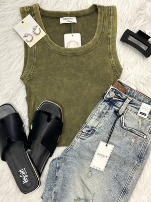 Olive Acid Washed Scoop Neck Tank