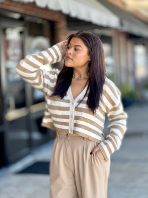 Khaki Striped Button Down Cardigan