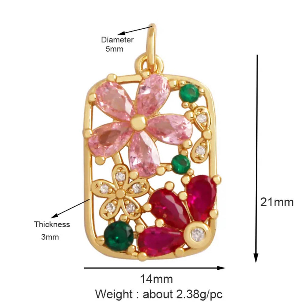 Large Pave Pink Red Flower Charm For Charm Bar & Charm Necklaces