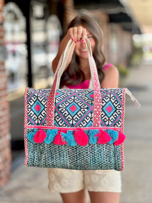 Turquoise & Pink Diamond Tote