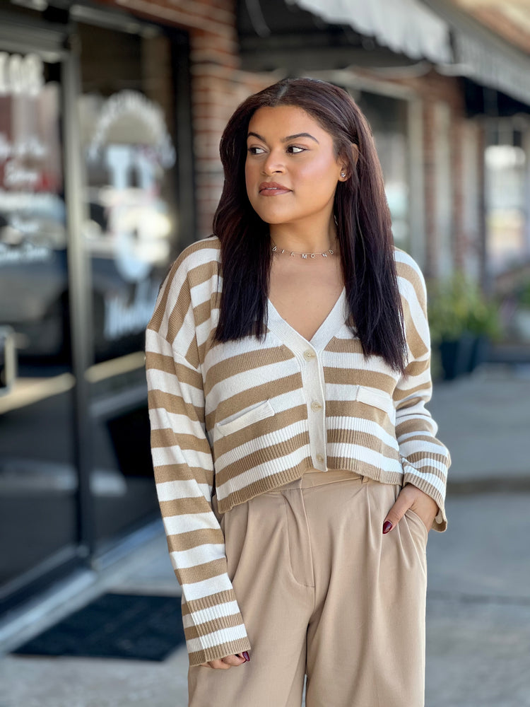 Khaki Striped Button Down Cardigan