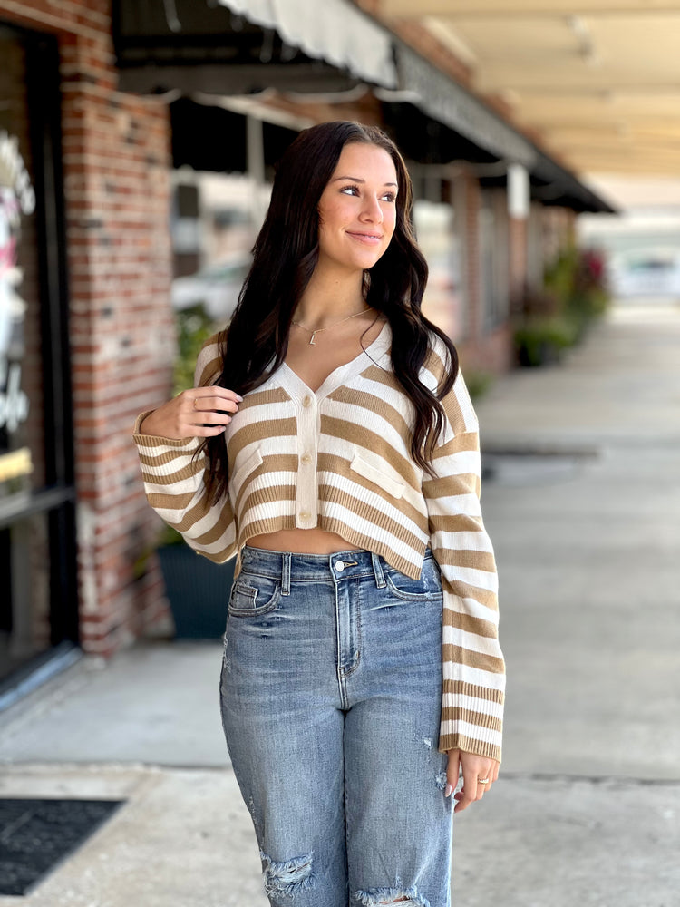 Khaki Striped Button Down Cardigan