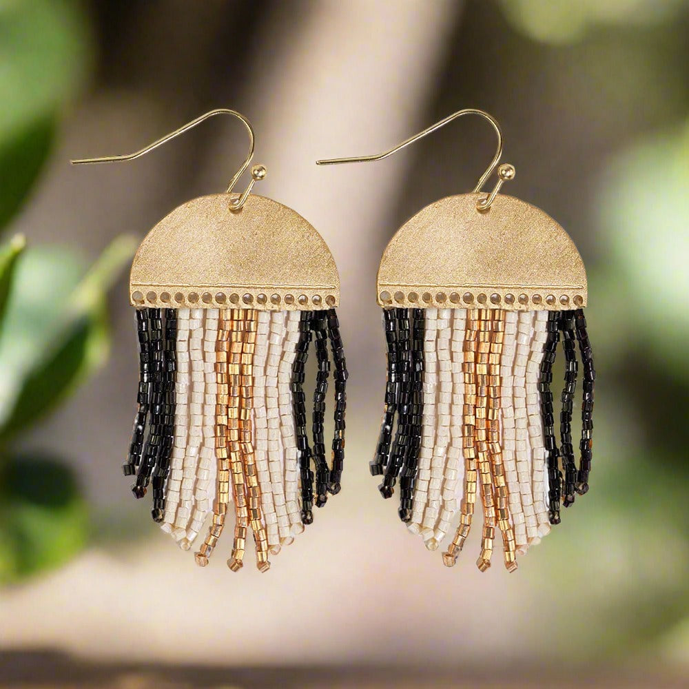 Stripe Short Beaded Fringe Earrings Black/White